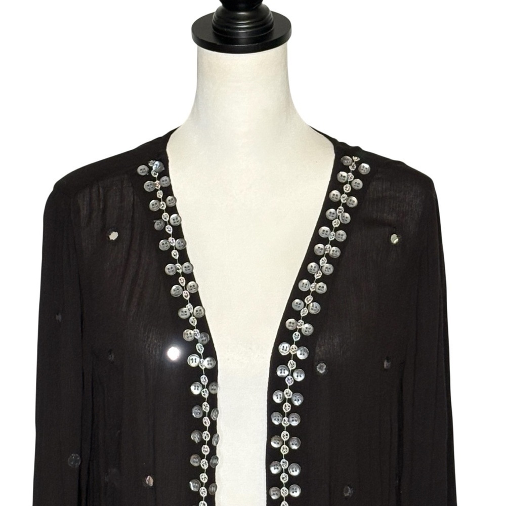 Soft Surroundings Embellished Duster Kimono M Black 3/4 Sleeve Split Cuff Open - Picture 3 of 13